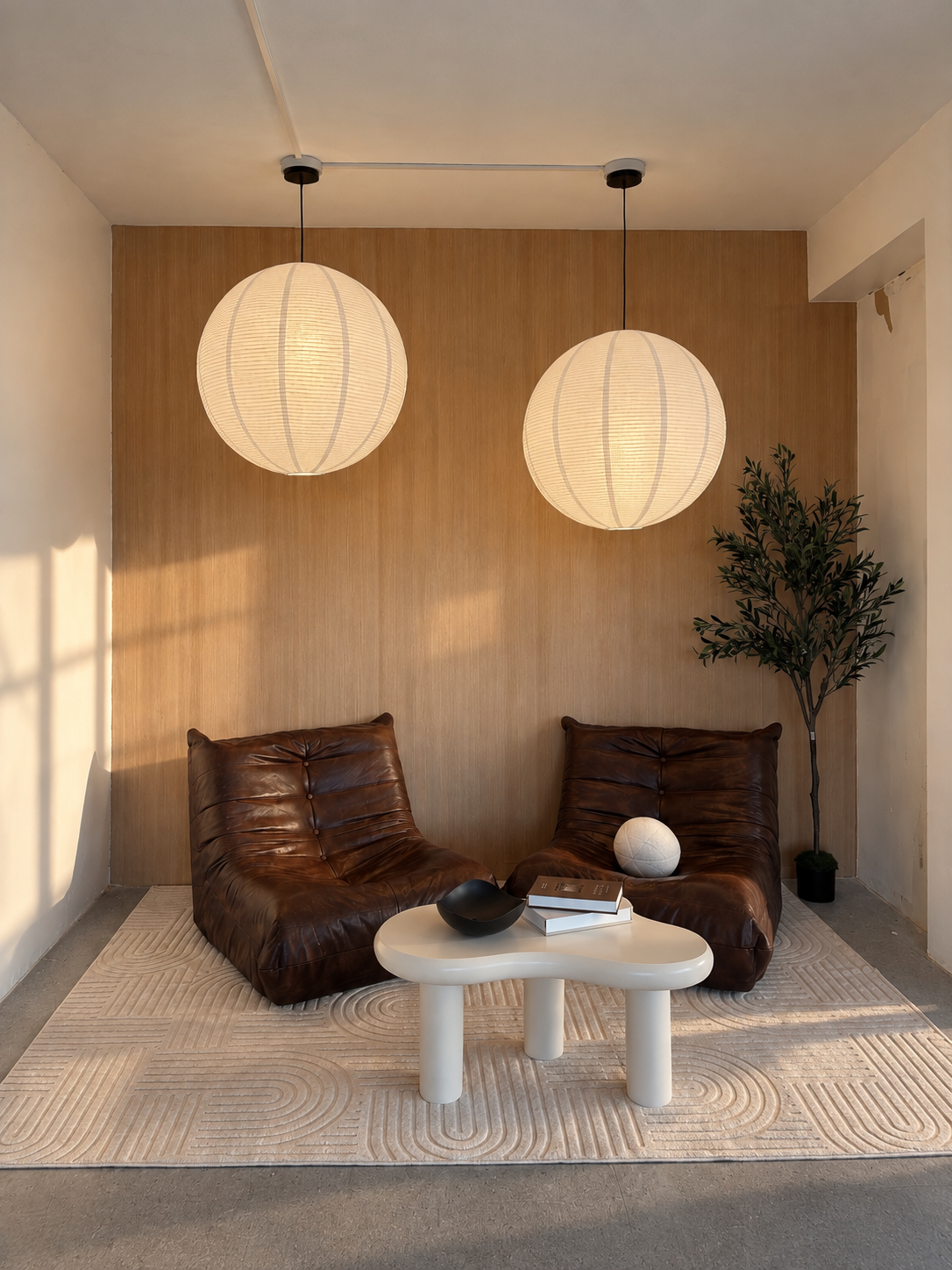 The Wood Room de FLORART, con luz natural, lámparas de papel y pared de madera